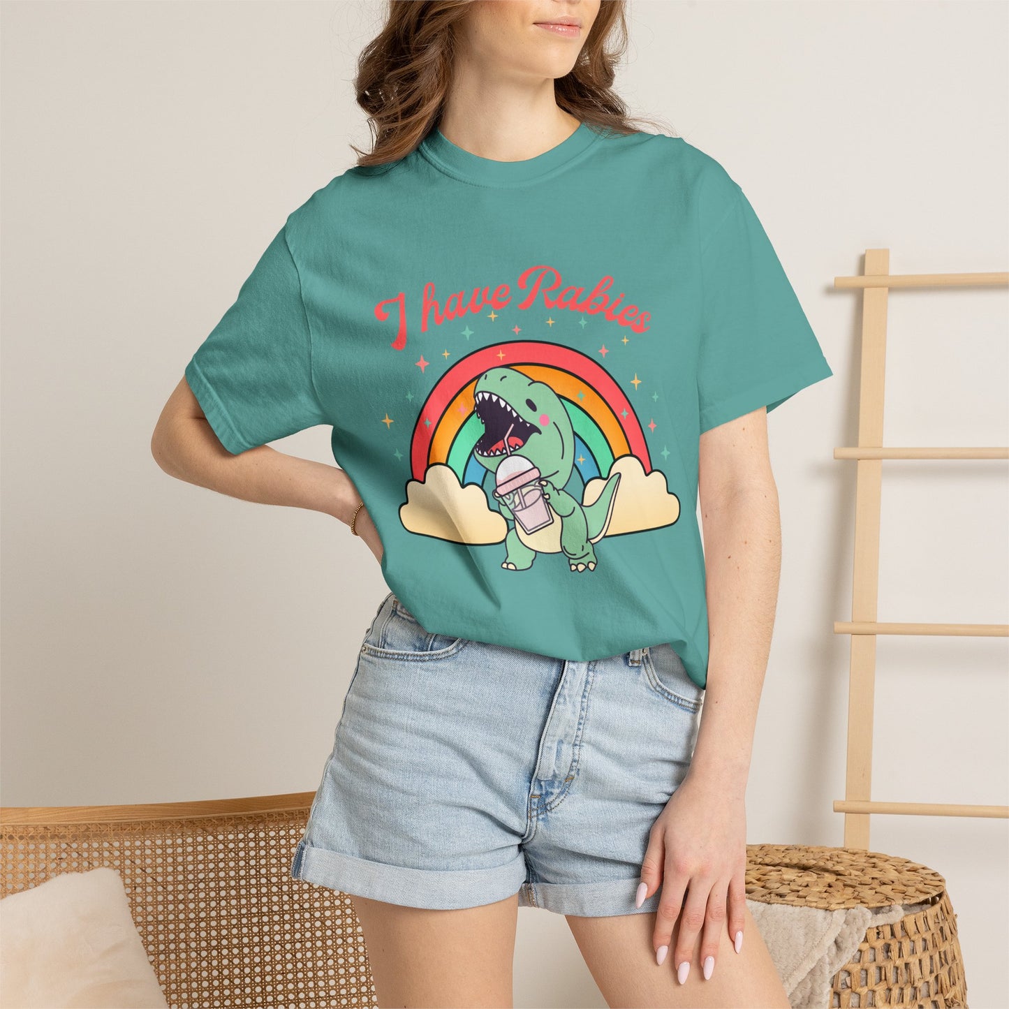 I Have Rabies Dinosaur T-Shirt — Cute Rainbow Dino Holding Vaccine Shot