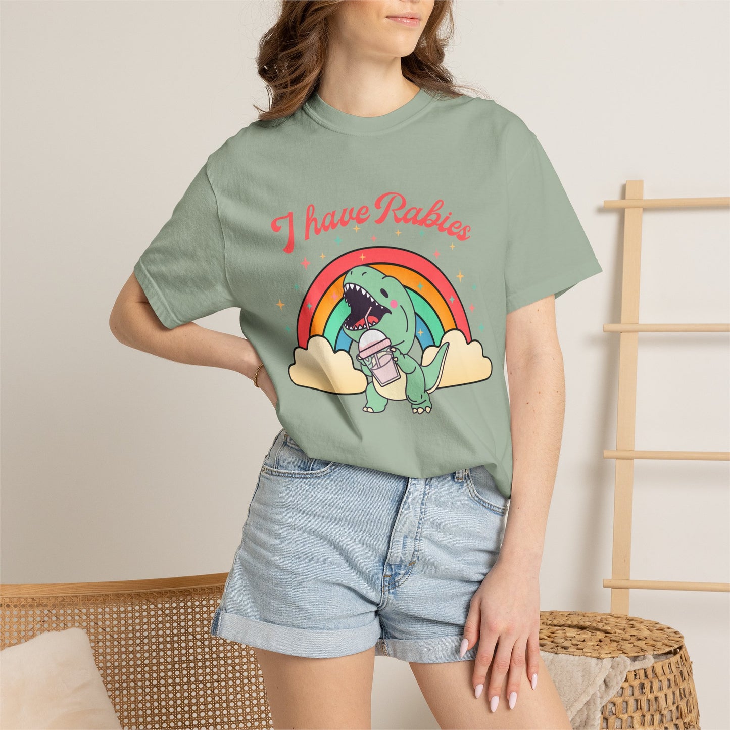 I Have Rabies Dinosaur T-Shirt — Cute Rainbow Dino Holding Vaccine Shot