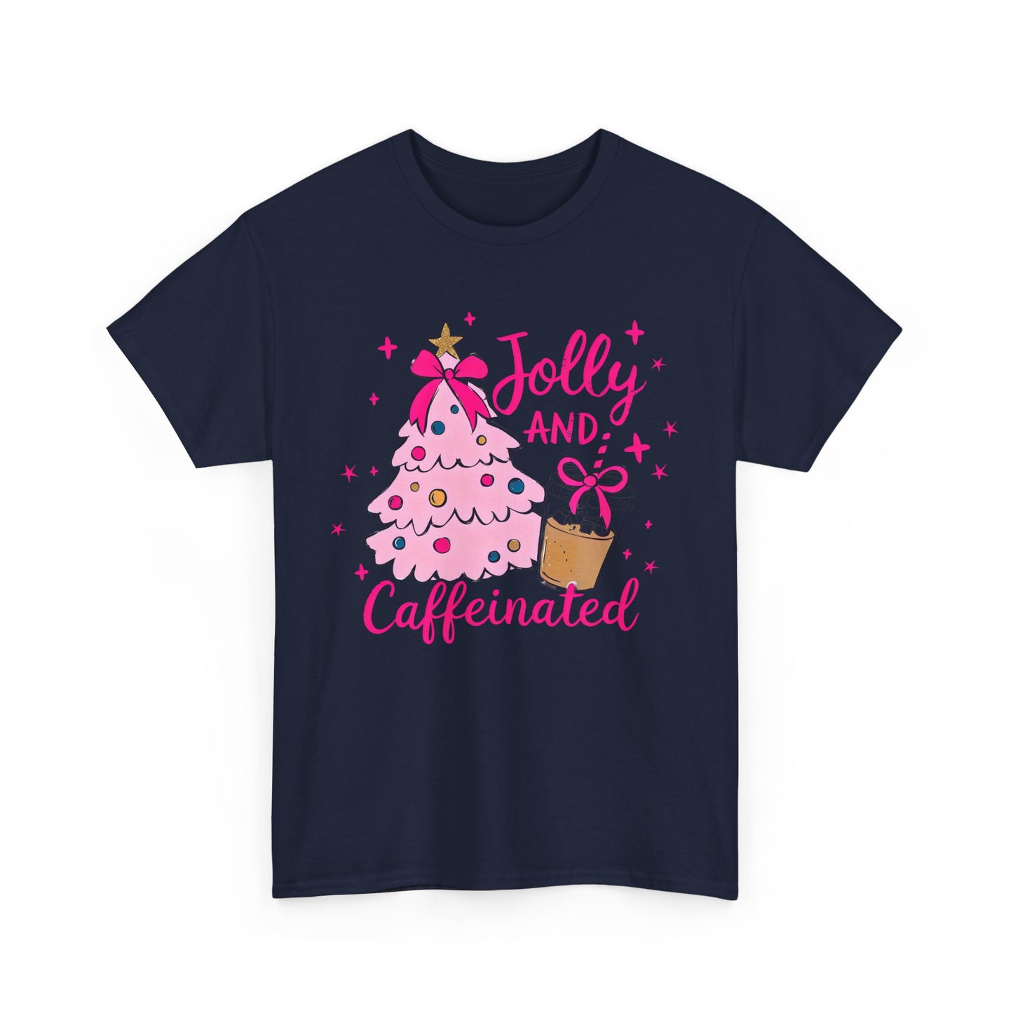 Jolly & Caffeinated Tee, Christmas Gift, Holiday Shirt, Festive Apparel, Unisex Cotton Tee, Fun Holiday Style