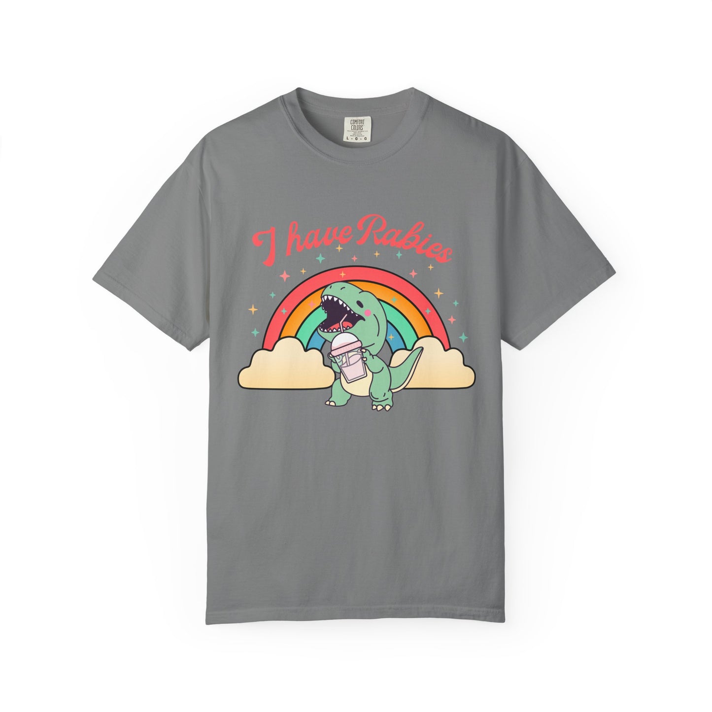 I Have Rabies Dinosaur T-Shirt — Cute Rainbow Dino Holding Vaccine Shot
