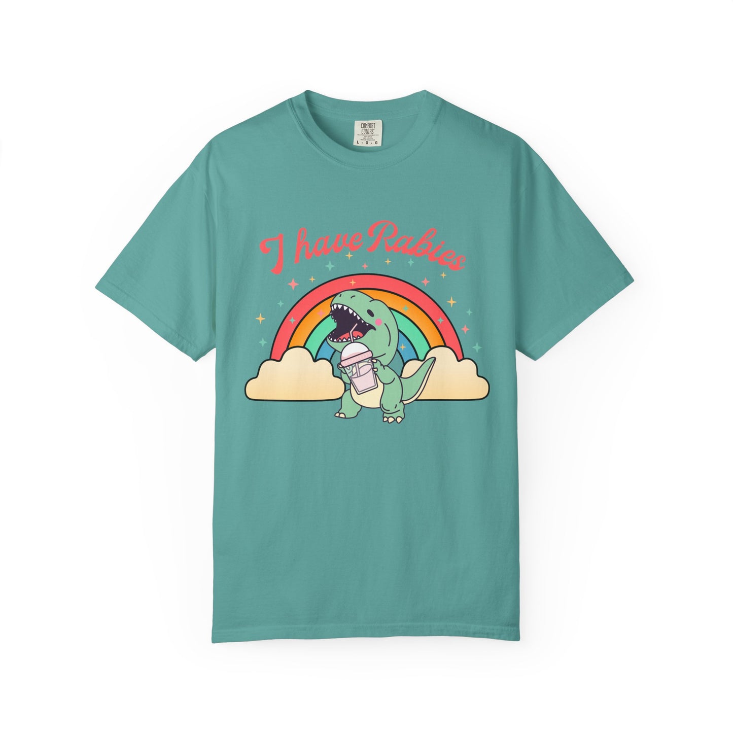 I Have Rabies Dinosaur T-Shirt — Cute Rainbow Dino Holding Vaccine Shot
