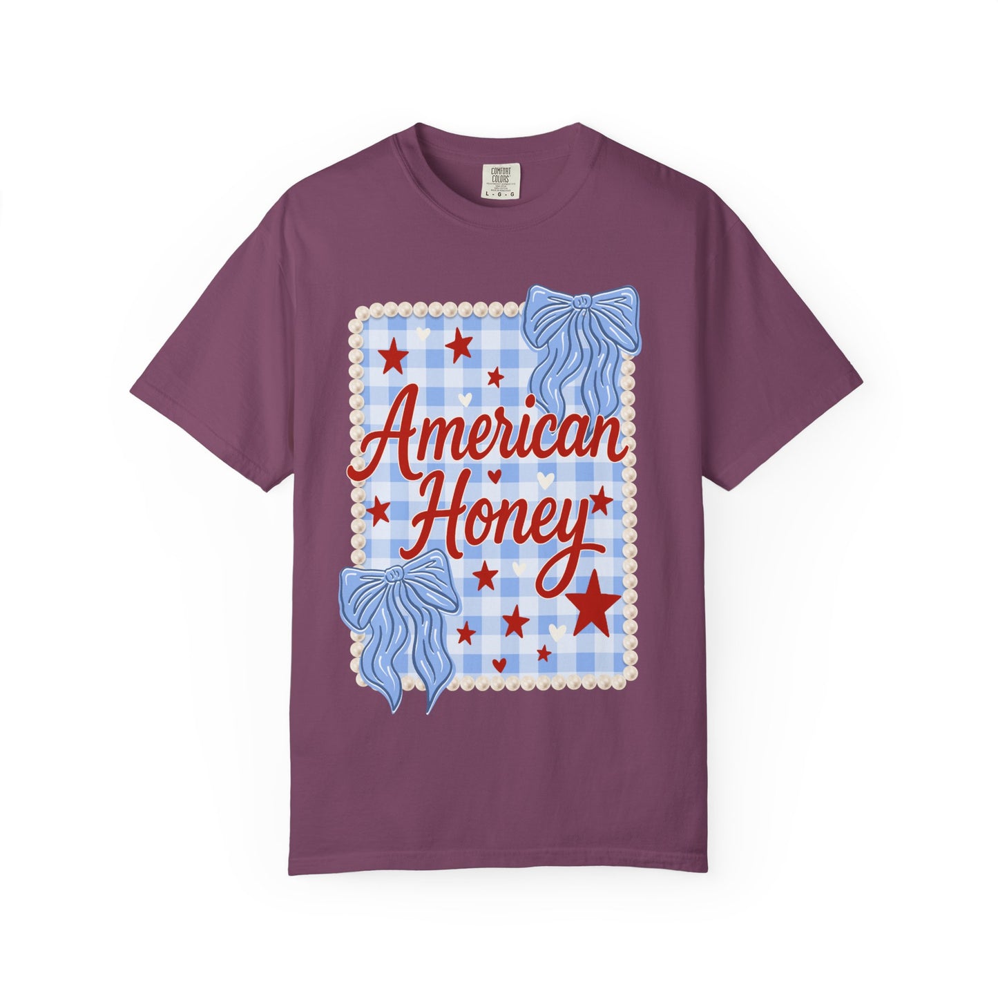 American Honey Graphic T-Shirt — Patriotic Blue Gingham Stars & Bows