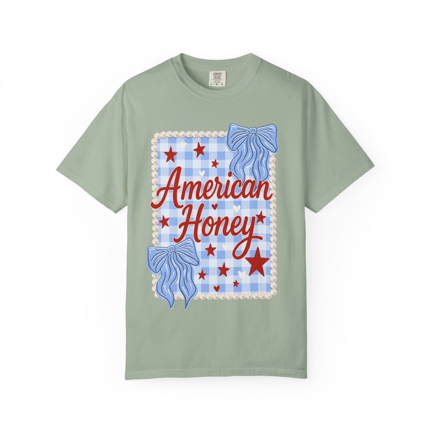 American Honey Graphic T-Shirt — Patriotic Blue Gingham Stars & Bows