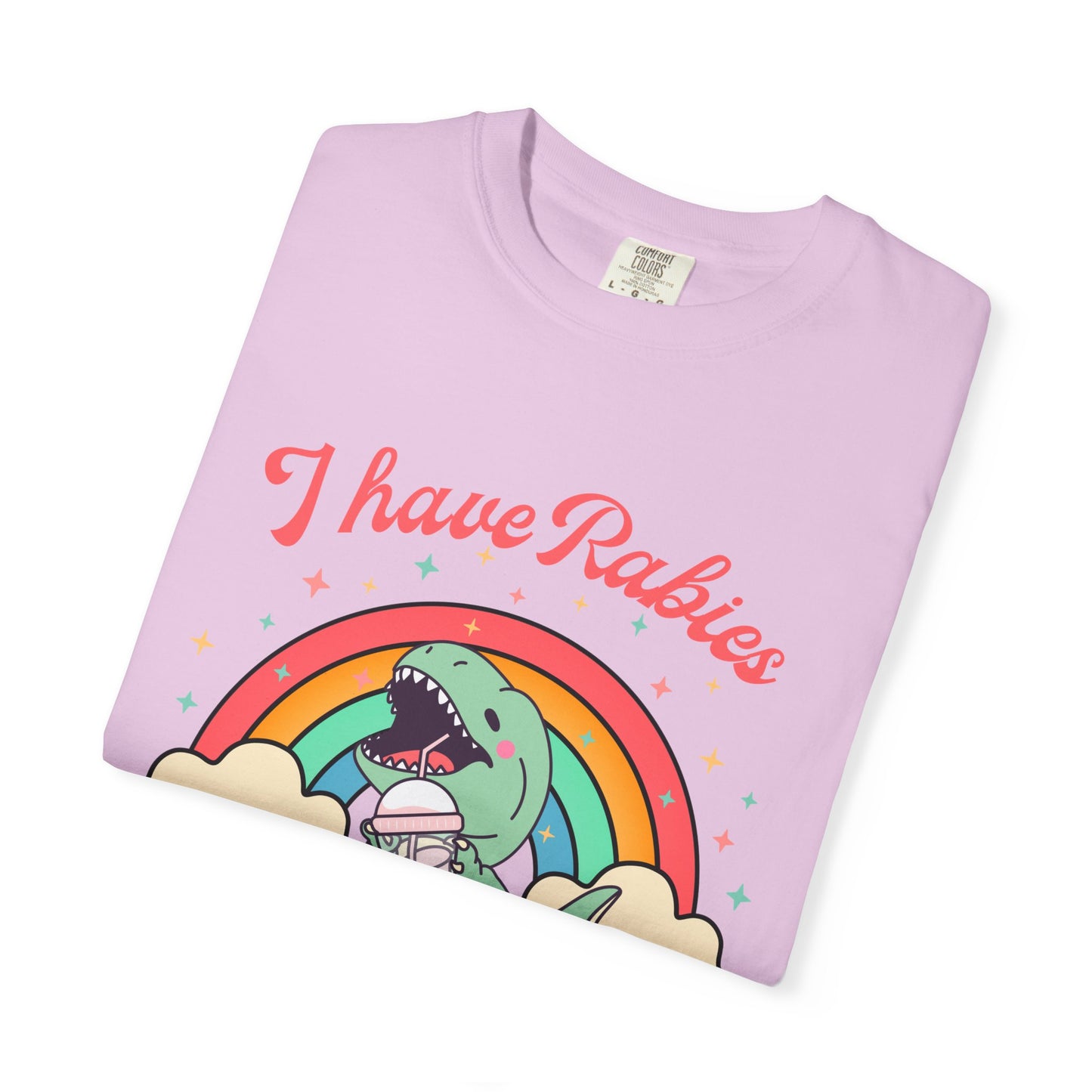 I Have Rabies Dinosaur T-Shirt — Cute Rainbow Dino Holding Vaccine Shot