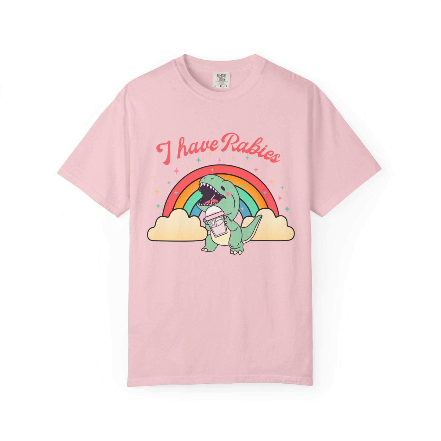 I Have Rabies Dinosaur T-Shirt — Cute Rainbow Dino Holding Vaccine Shot