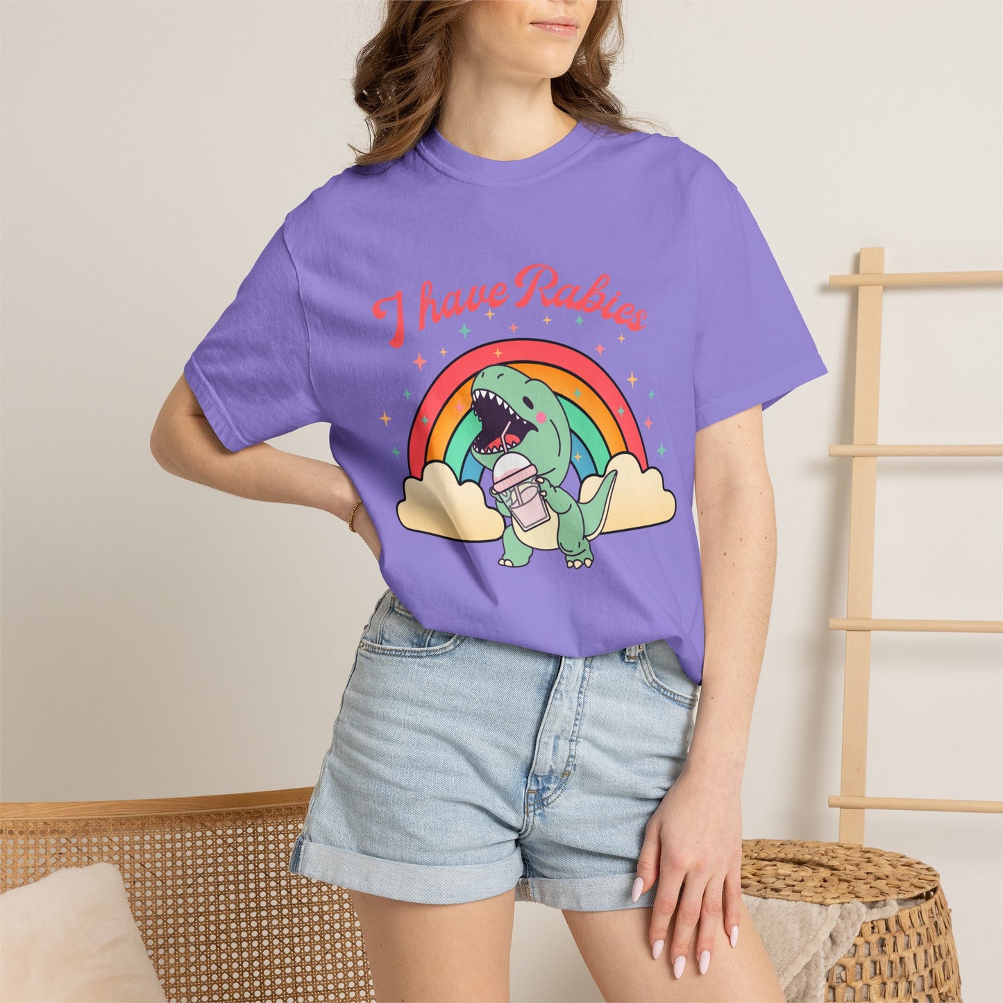 I Have Rabies Dinosaur T-Shirt — Cute Rainbow Dino Holding Vaccine Shot
