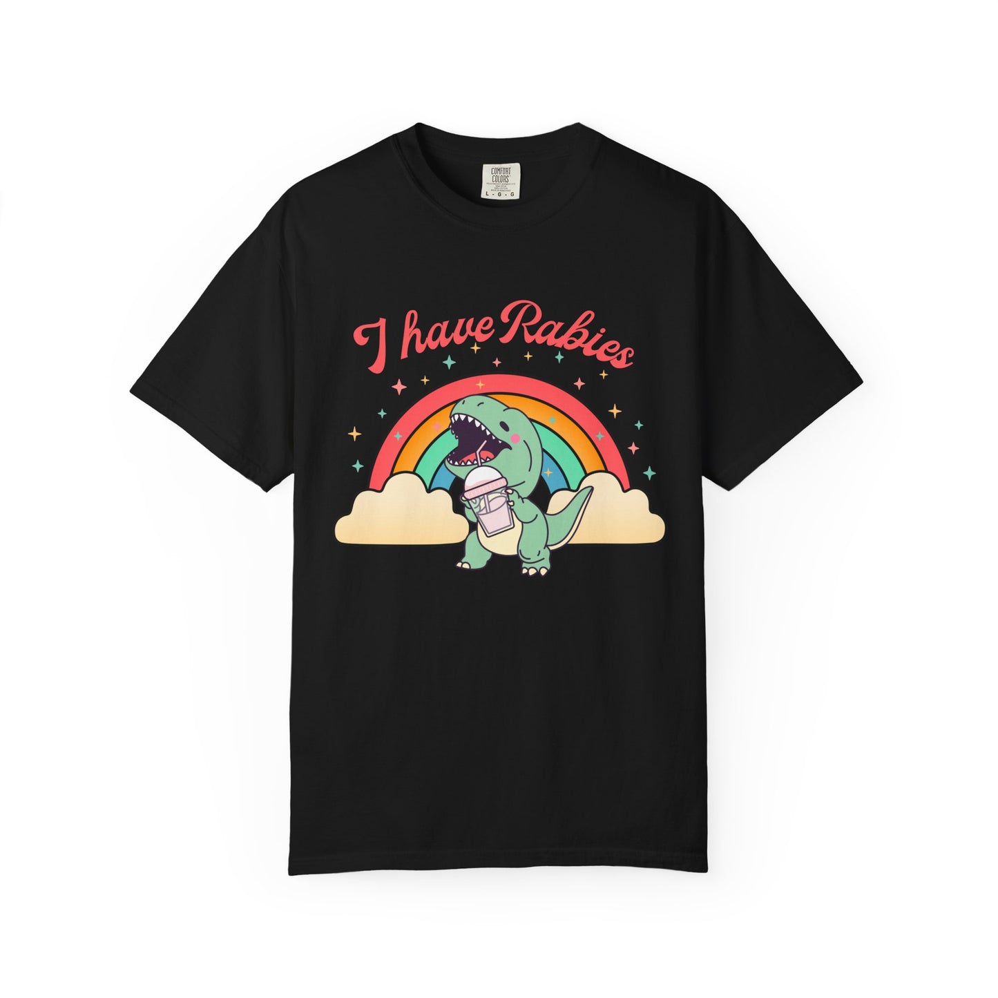I Have Rabies Dinosaur T-Shirt — Cute Rainbow Dino Holding Vaccine Shot